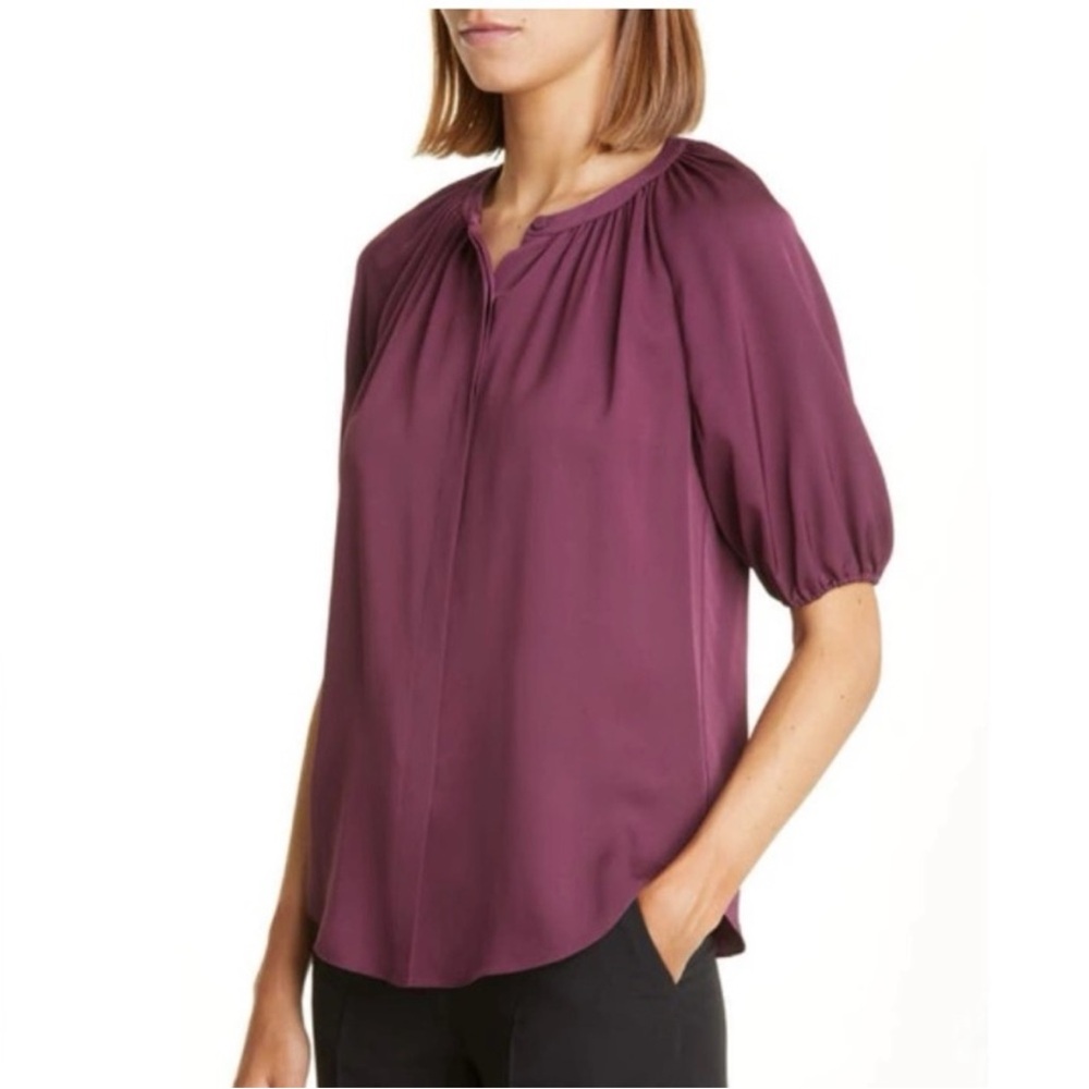 THEORY Romantic Elbow Sleeve Purple Bordeaux Silk Blouse S